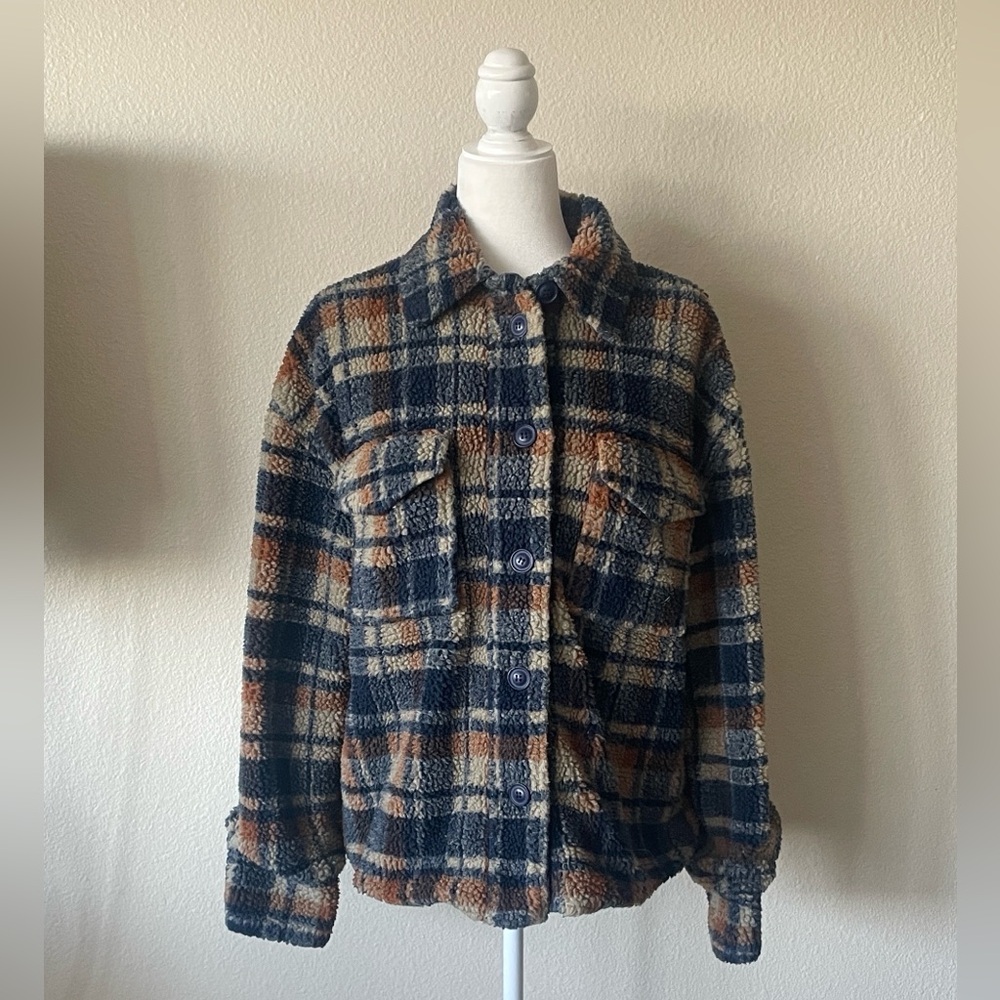 J.O.A. Plaid Sherpa Teddy Jacket | Cozy Faux Fur Lined Shacket | Size S - Picture 2 of 9